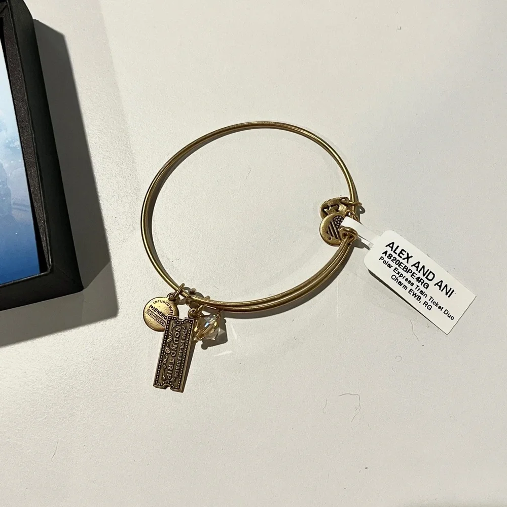 NWT Alex and Ani The Polar Express Train Gold Charm Bracelet Nickel Free Bangle - Picture 3 of 8